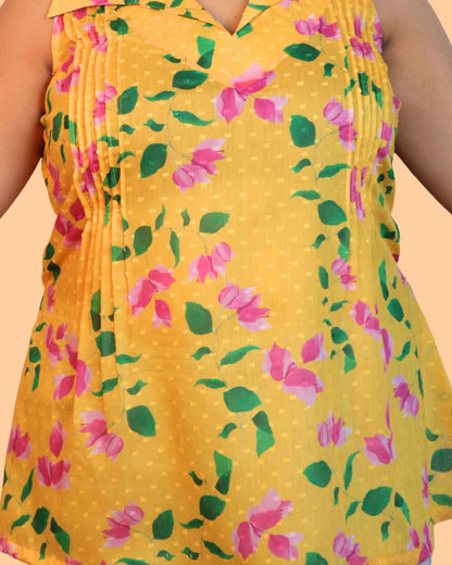 Yellow Floral Print Short Kurta Sleeveless
