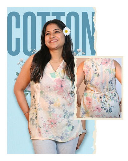 White Floral Print Short Kurta Sleeveless