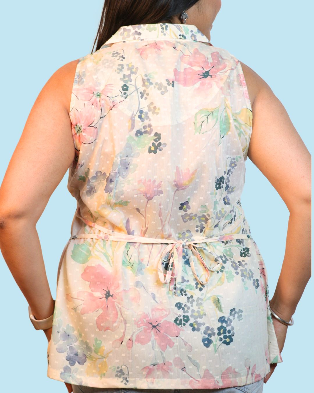 White Floral Print Short Kurta Sleeveless