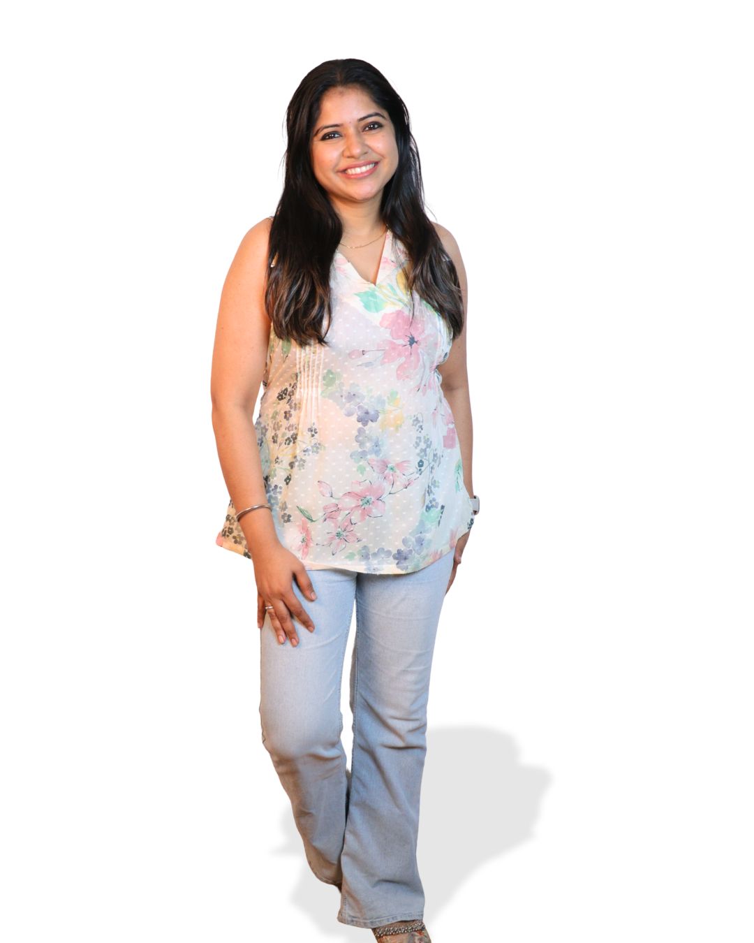 White Floral Print Short Kurta Sleeveless