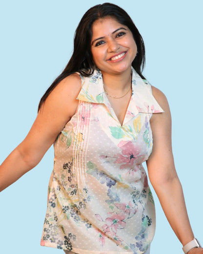 White Floral Print Short Kurta Sleeveless