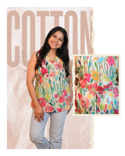 Green and Red Floral Print Sleeveless Short Kurta