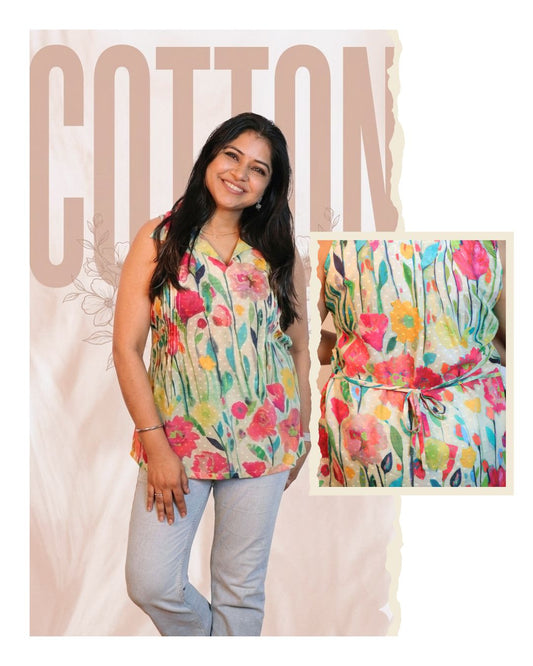 Green and Red Floral Print Sleeveless Short Kurta