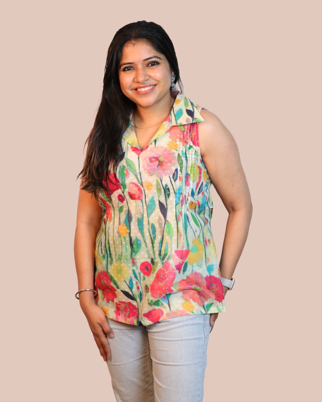 Green and Red Floral Print Sleeveless Short Kurta
