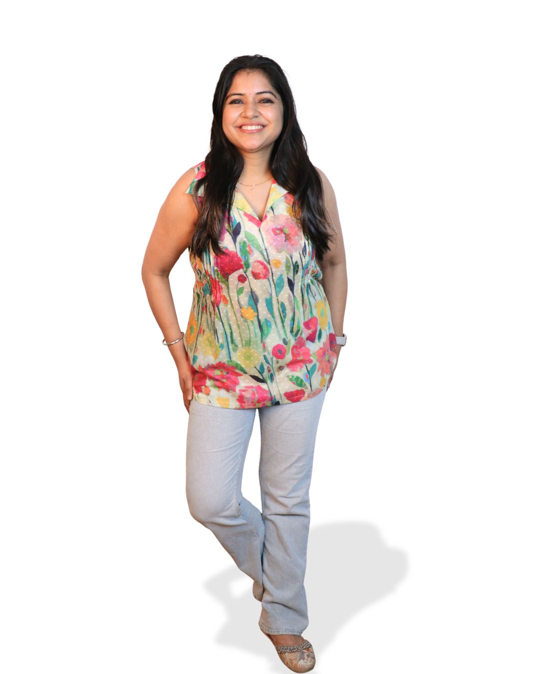 Green and Red Floral Print Sleeveless Short Kurta