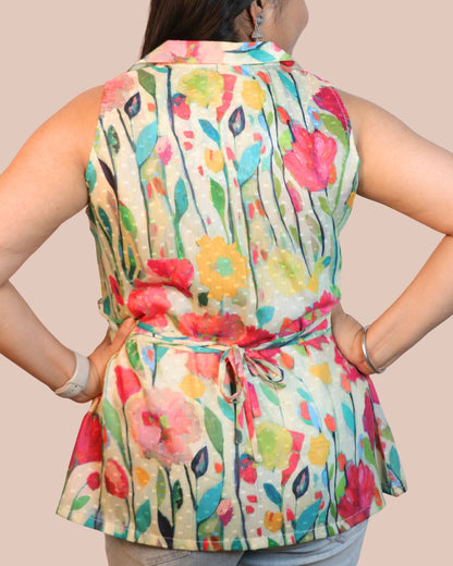 Green and Red Floral Print Sleeveless Short Kurta