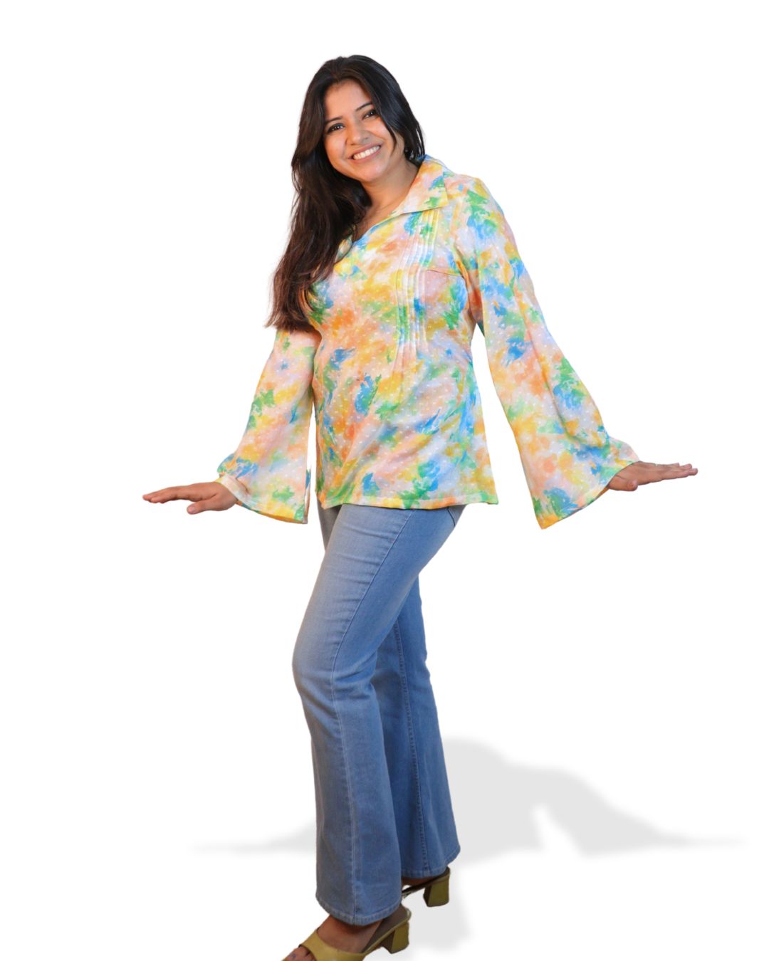 Green and Yellow Print full Sleeve Short Kurta