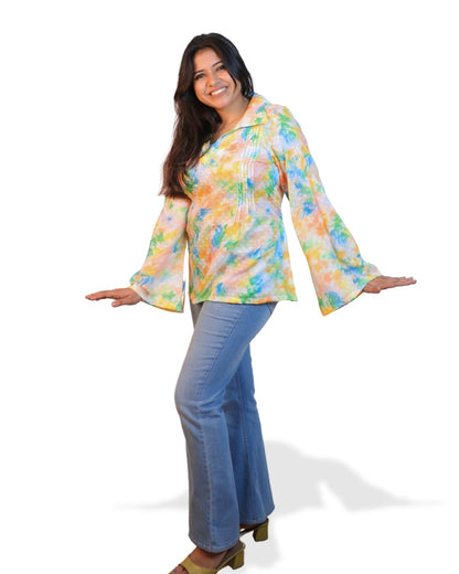 Green and Yellow Print full Sleeve Short Kurta