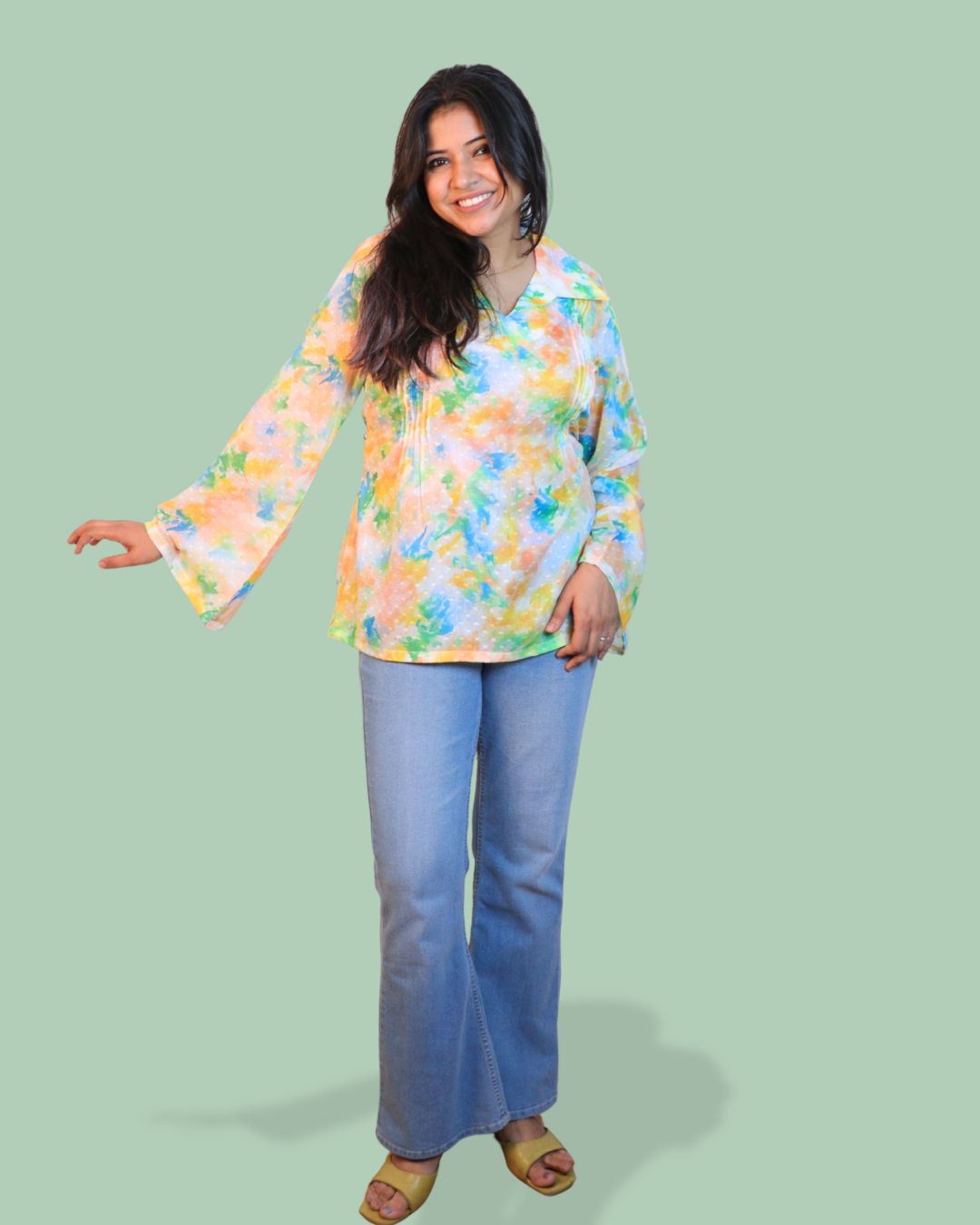 Green and Yellow Print full Sleeve Short Kurta