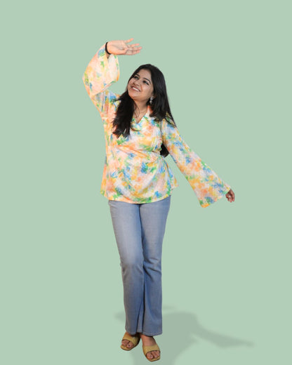 Green and Yellow Print full Sleeve Short Kurta