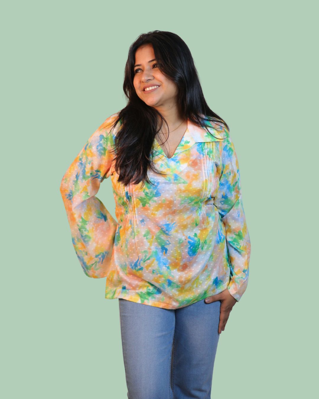 Green and Yellow Print full Sleeve Short Kurta