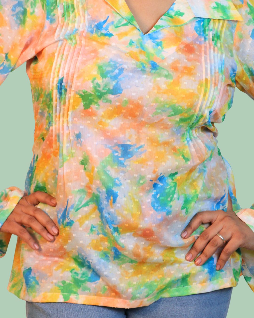 Green and Yellow Print full Sleeve Short Kurta
