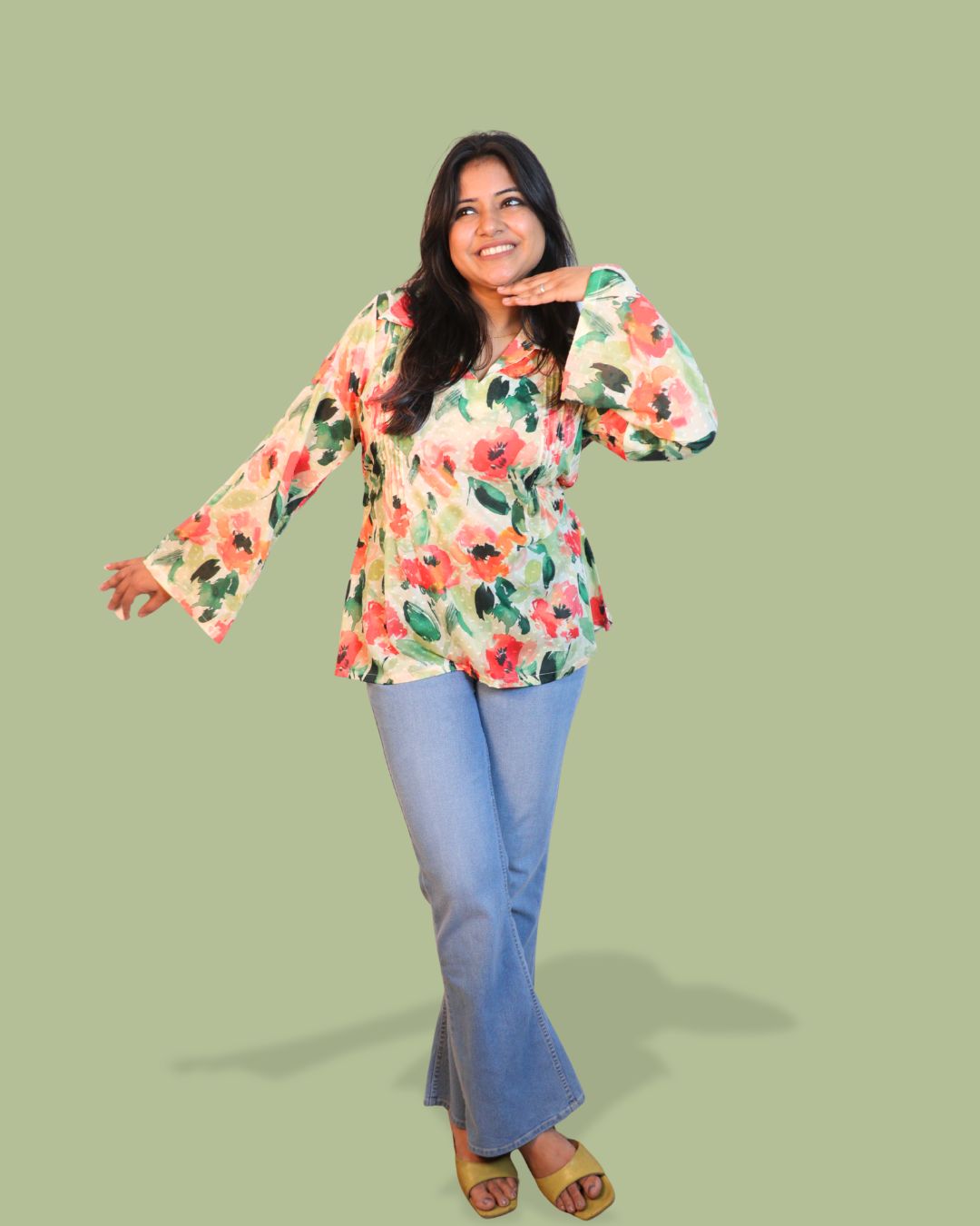 Red and Green Print full Sleeve Short Kurta