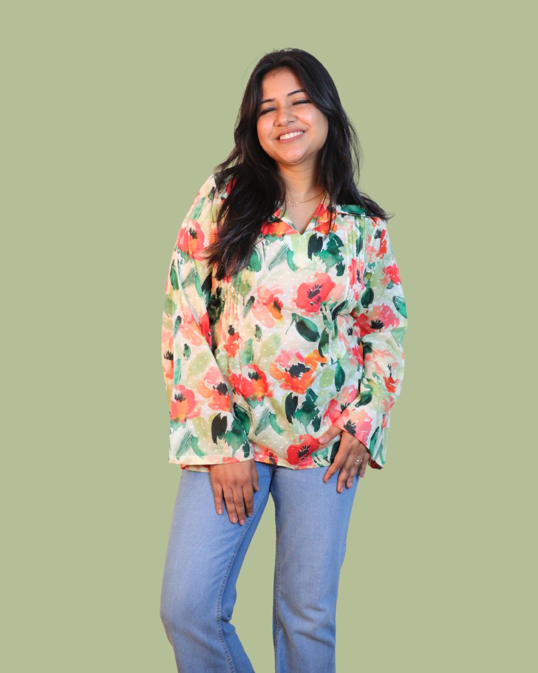 Red and Green Print full Sleeve Short Kurta