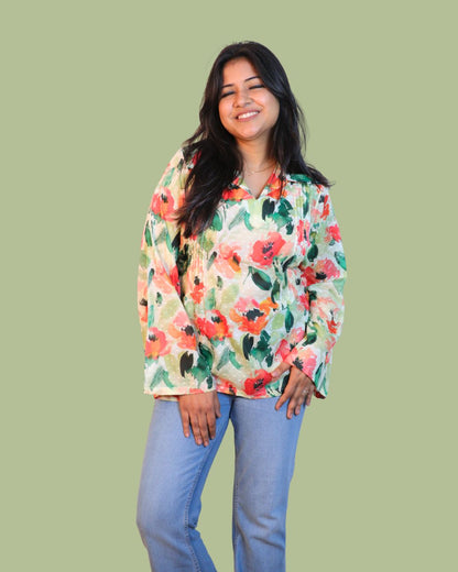 Red and Green Print full Sleeve Short Kurta
