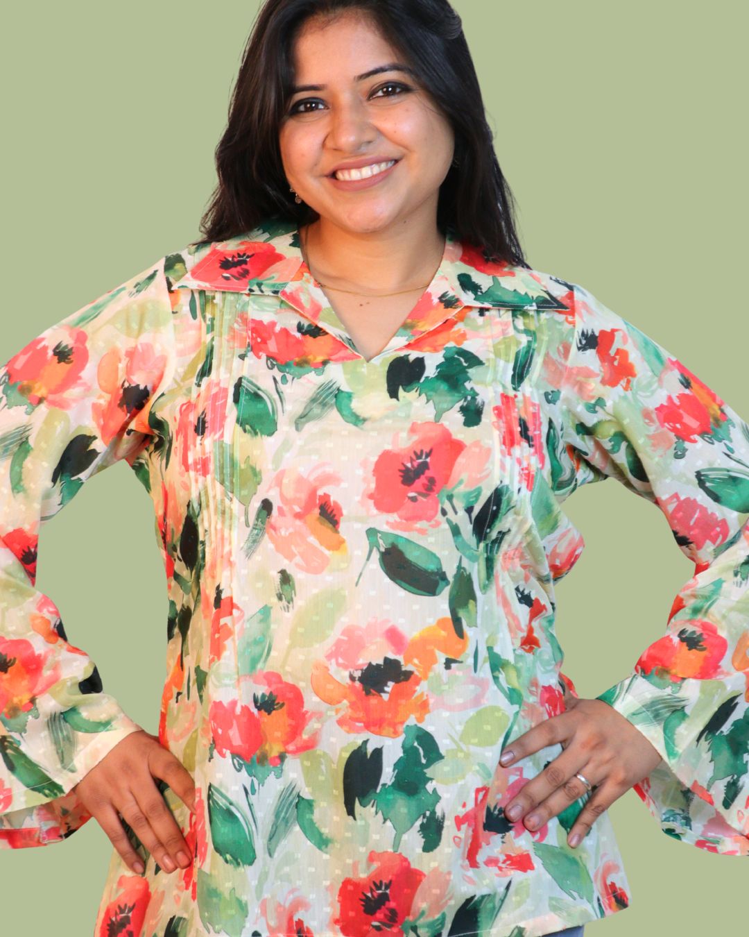 Red and Green Print full Sleeve Short Kurta