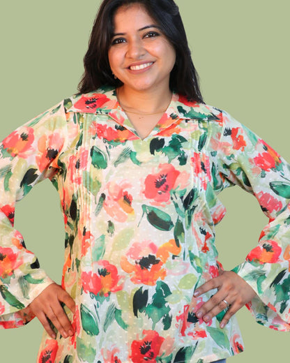Red and Green Print full Sleeve Short Kurta