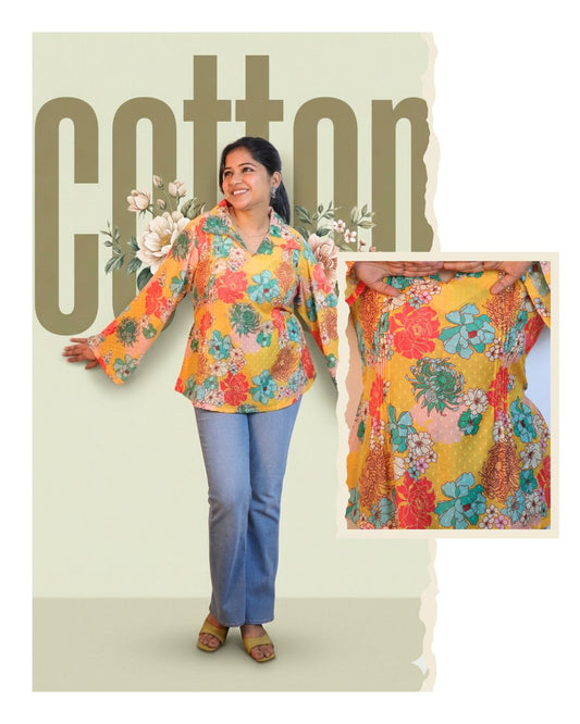Yellow and blue Print full Sleeve Short Kurta