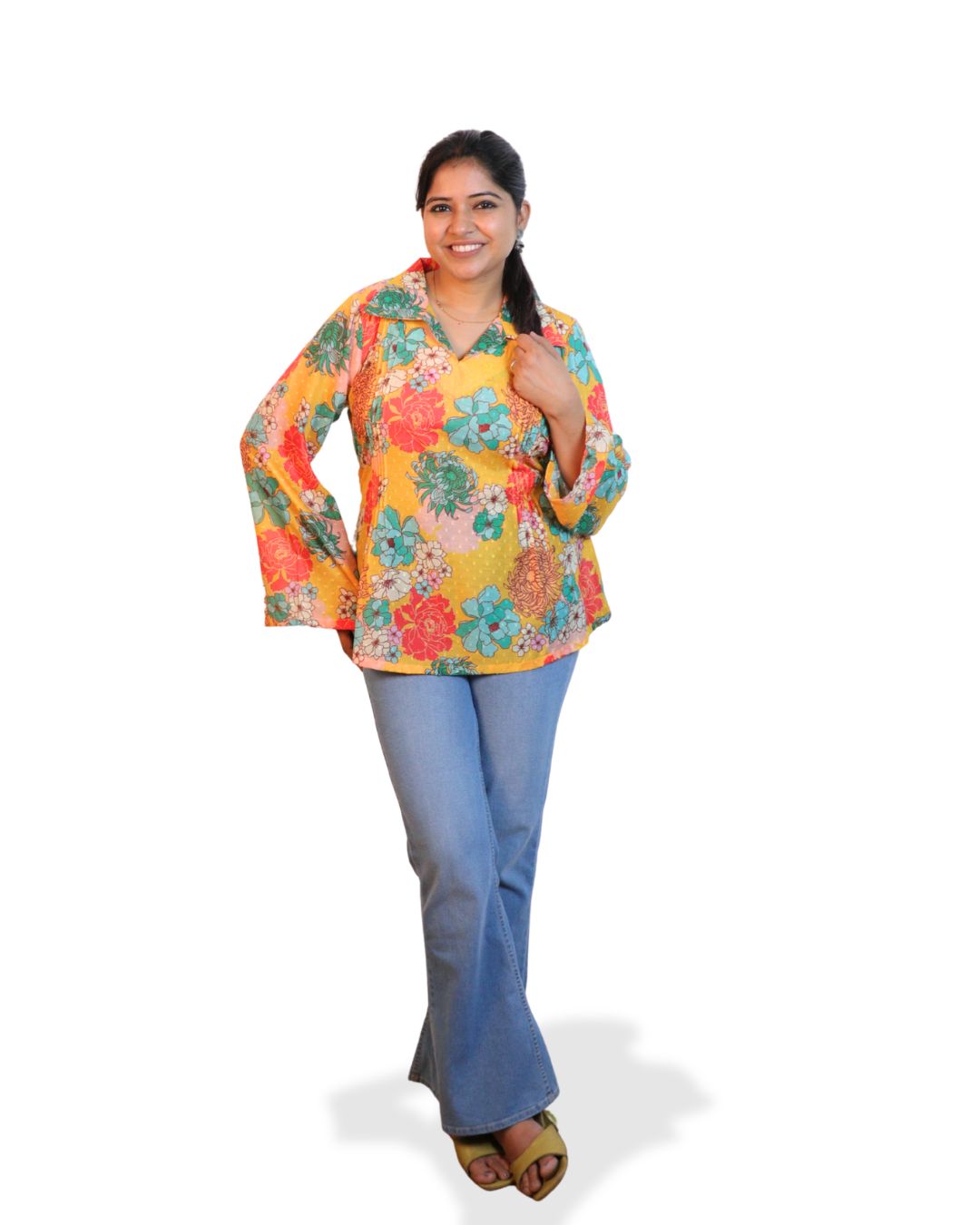 Yellow and blue Print full Sleeve Short Kurta
