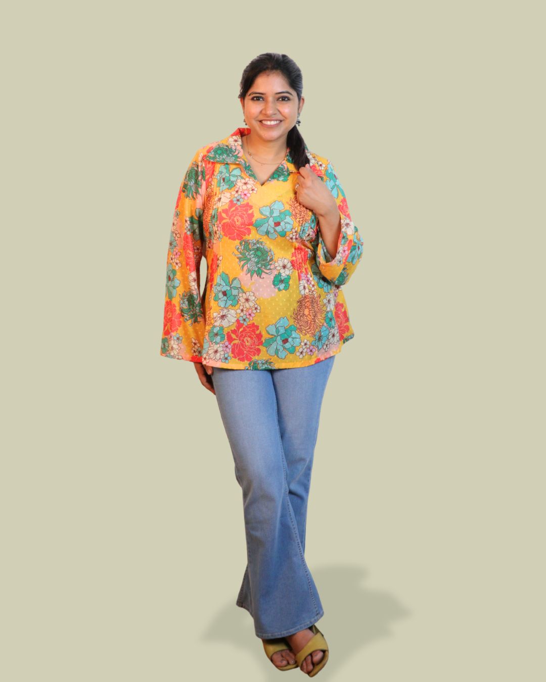 Yellow and blue Print full Sleeve Short Kurta