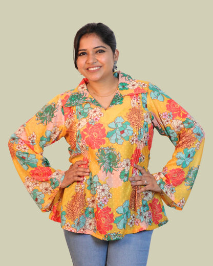 Yellow and blue Print full Sleeve Short Kurta