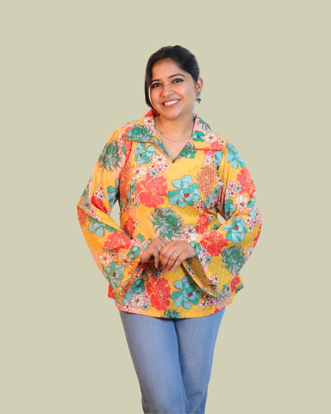 Yellow and blue Print full Sleeve Short Kurta