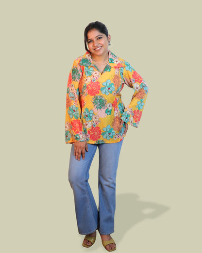 Yellow and blue Print full Sleeve Short Kurta