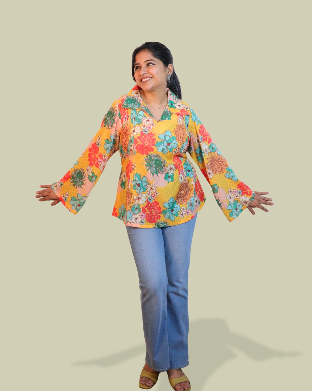 Yellow and blue Print full Sleeve Short Kurta