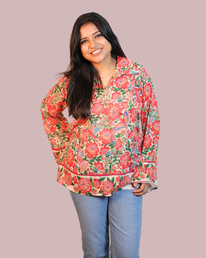 Red and Green Print full Sleeve Short Kurta