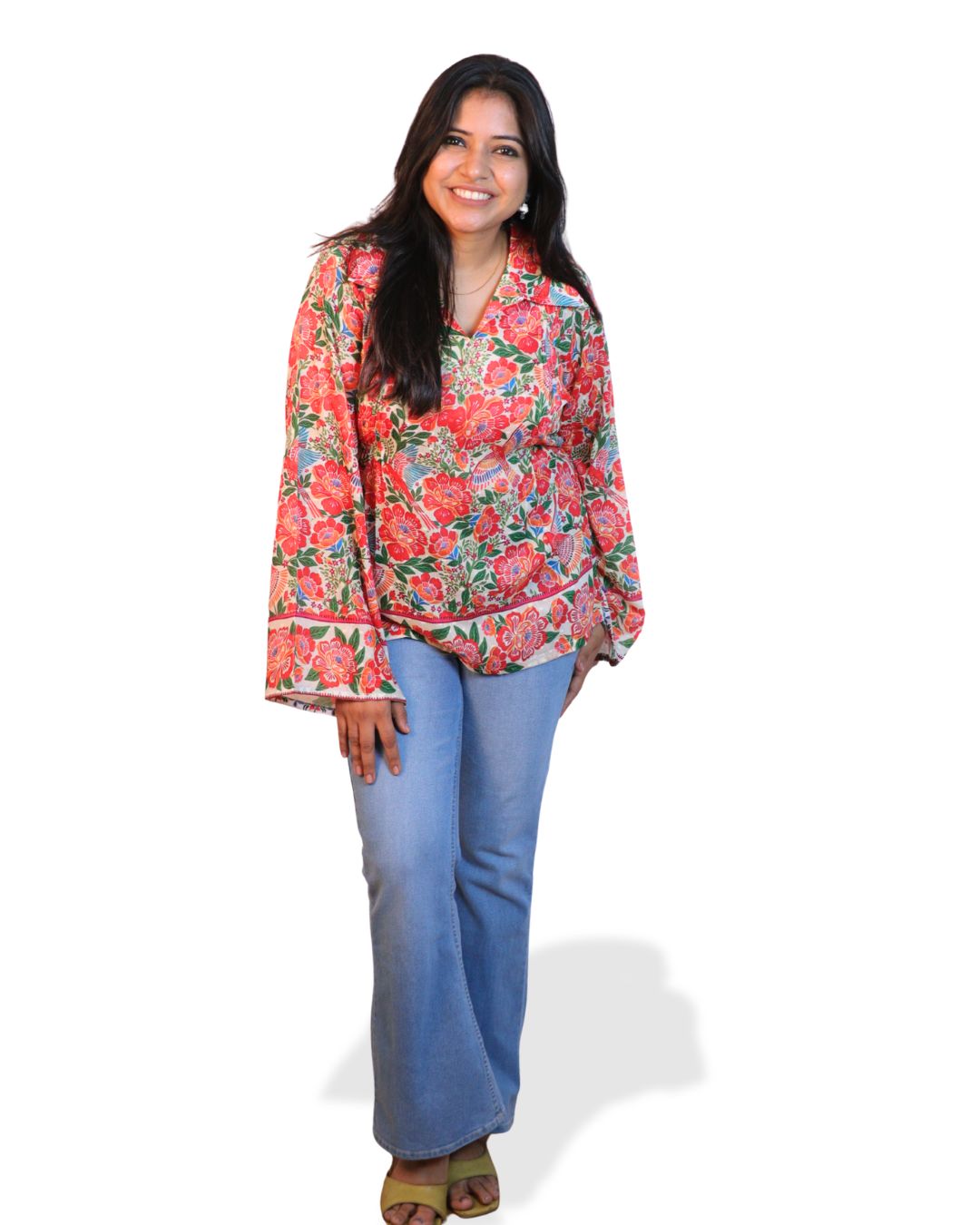 Red and Green Print full Sleeve Short Kurta