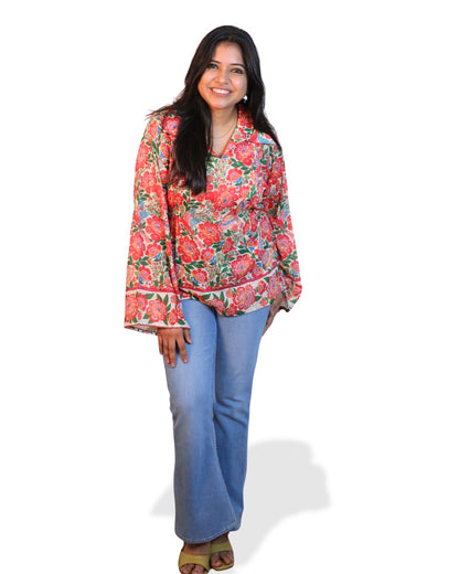 Red and Green Print full Sleeve Short Kurta