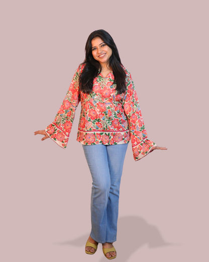 Red and Green Print full Sleeve Short Kurta