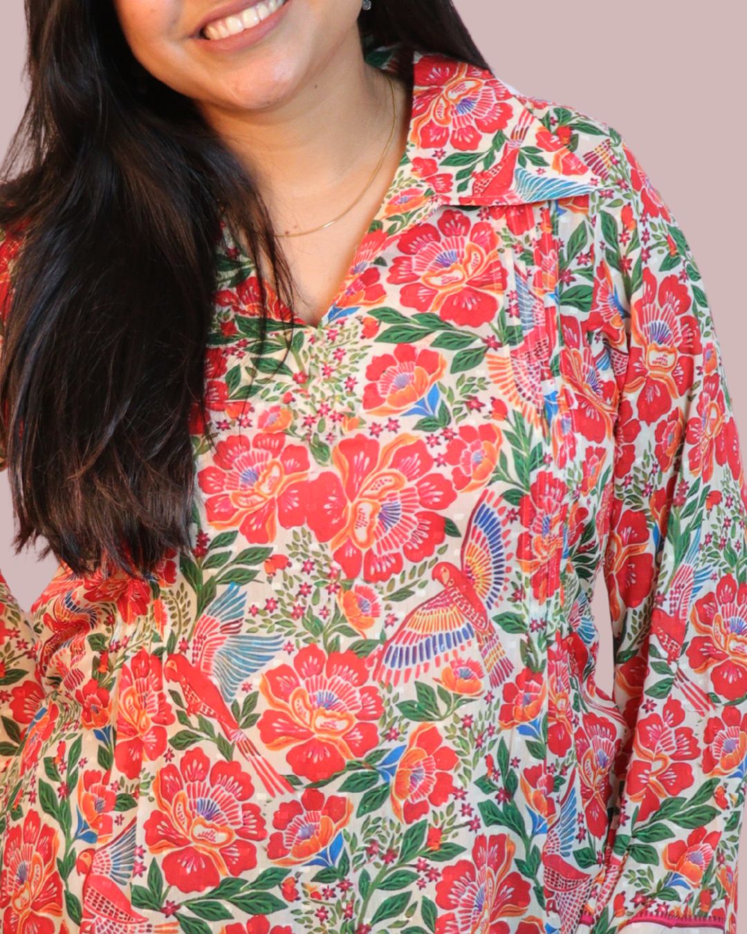 Red and Green Print full Sleeve Short Kurta