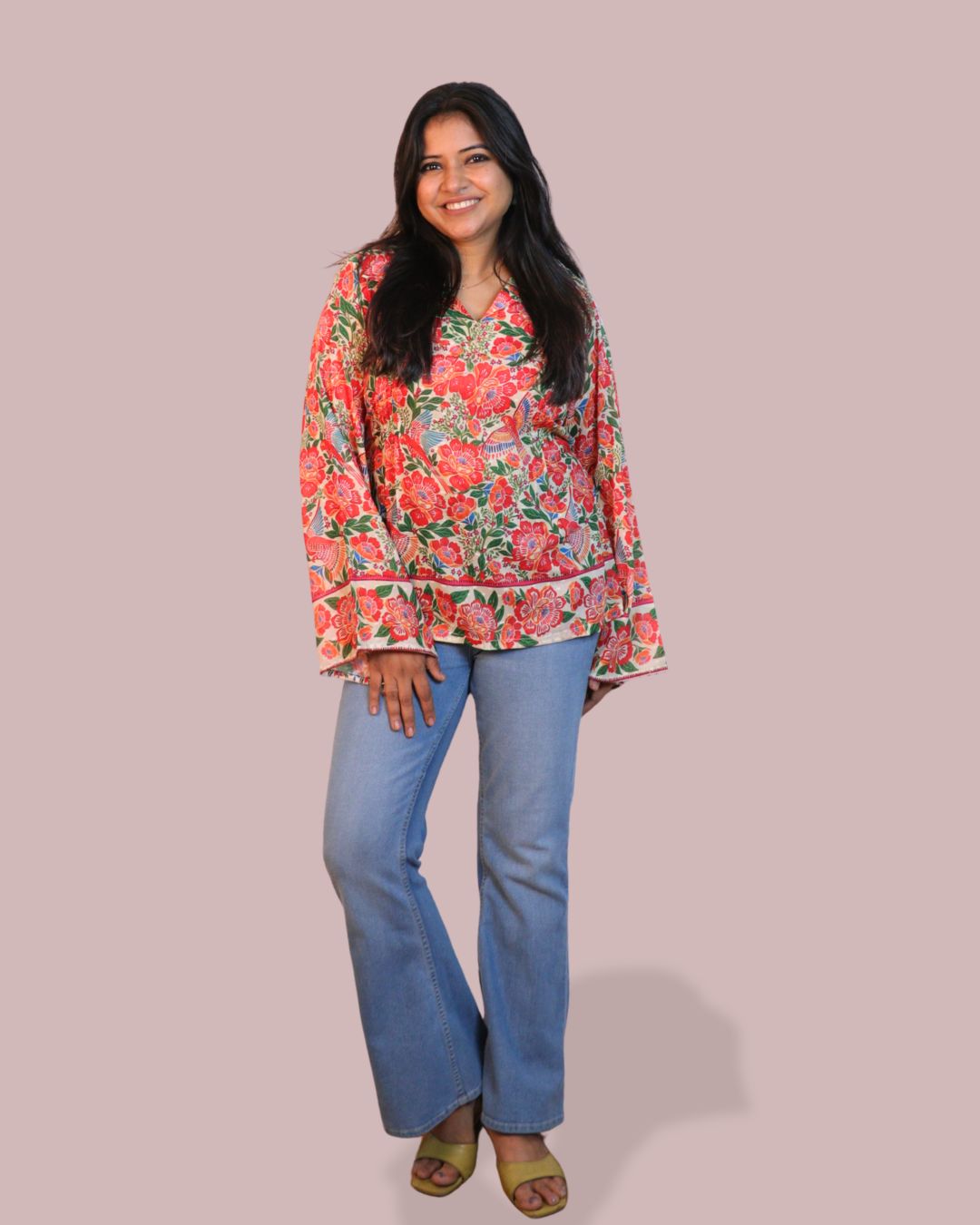 Red and Green Print full Sleeve Short Kurta