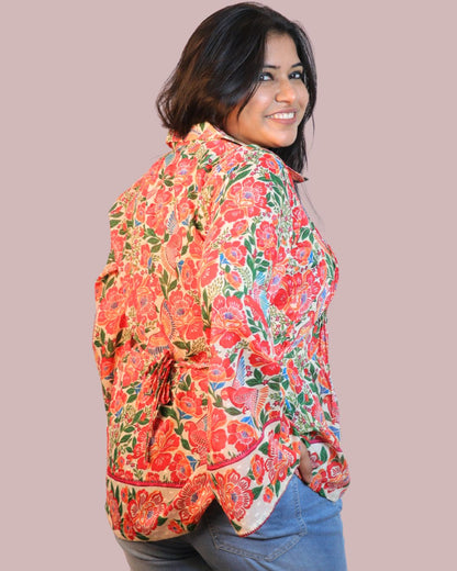 Red and Green Print full Sleeve Short Kurta