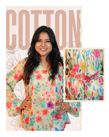 White and Red Print full Sleeve Short Kurta