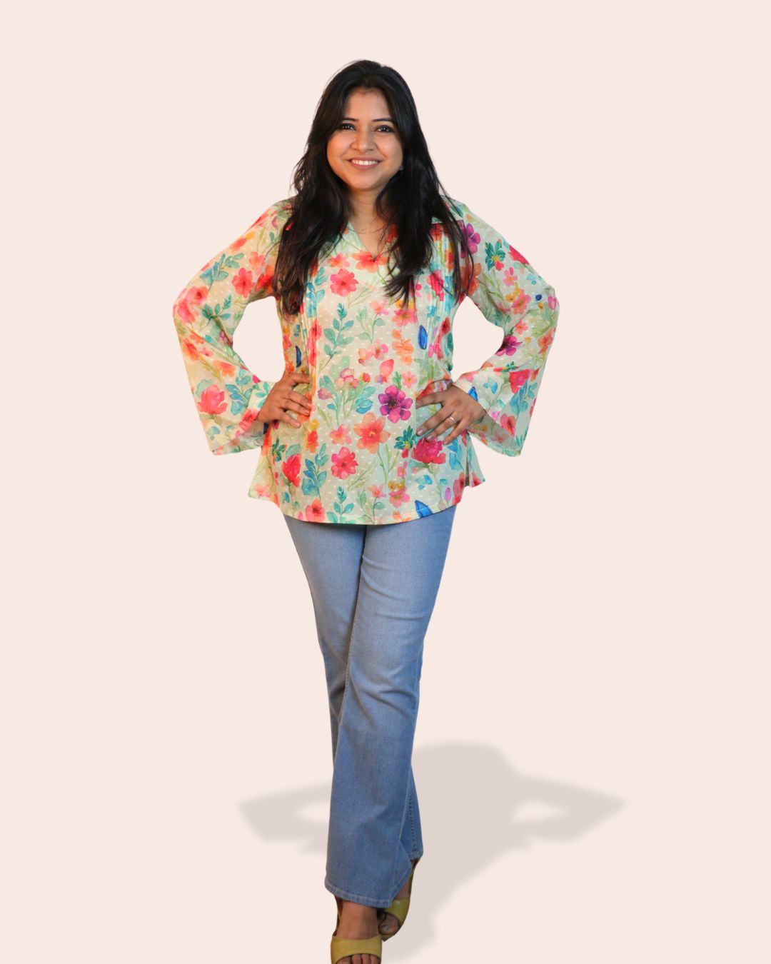 White and Red Print full Sleeve Short Kurta