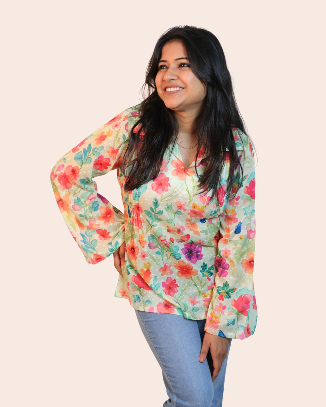 White and Red Print full Sleeve Short Kurta