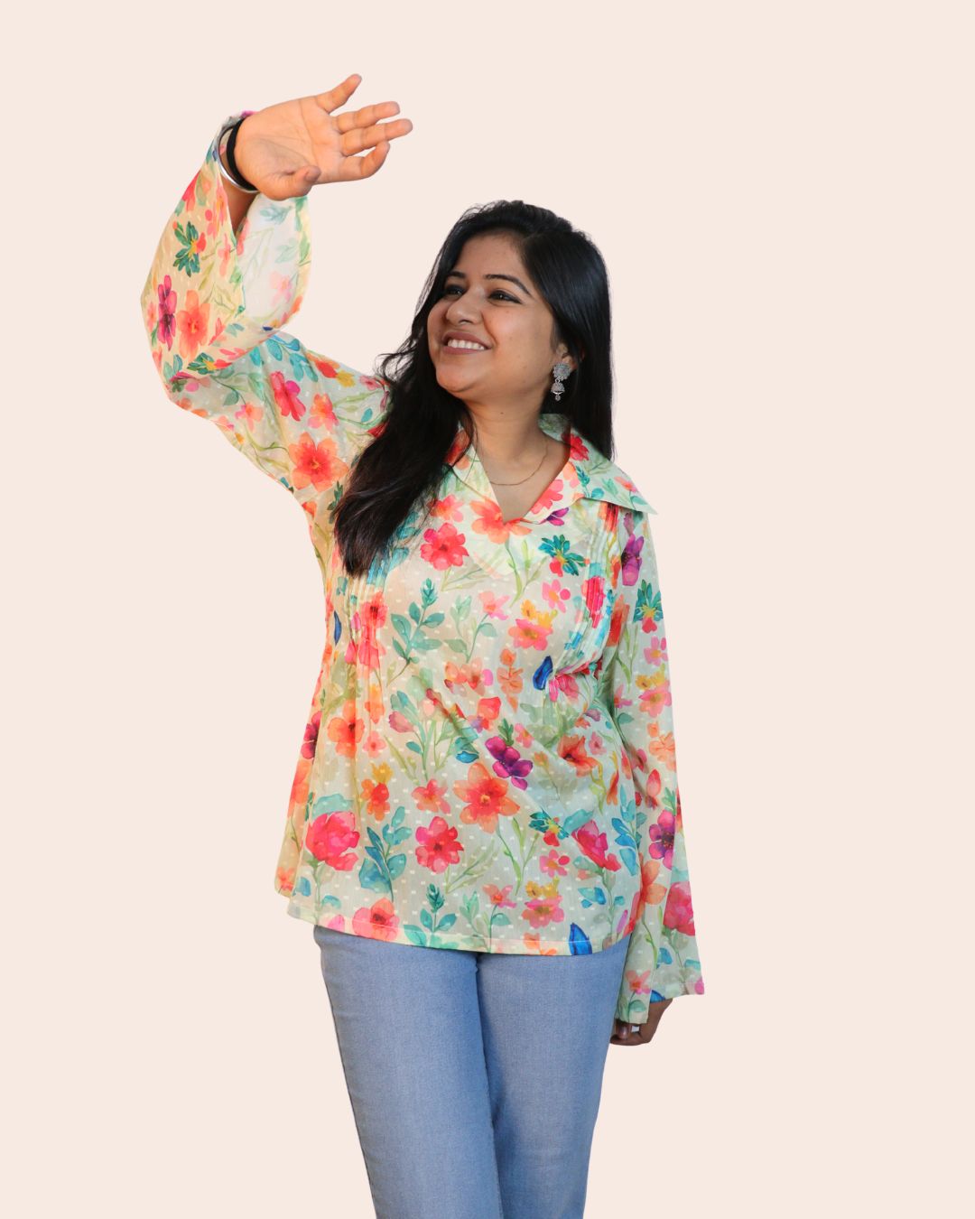 White and Red Print full Sleeve Short Kurta