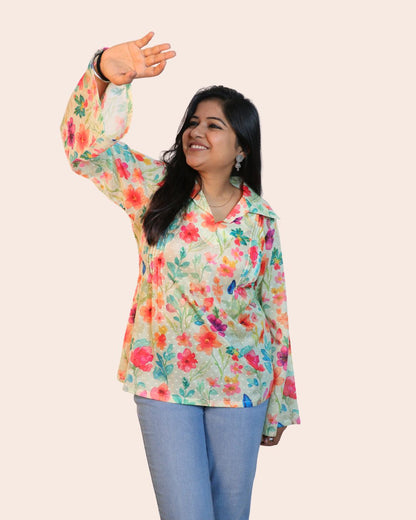 White and Red Print full Sleeve Short Kurta