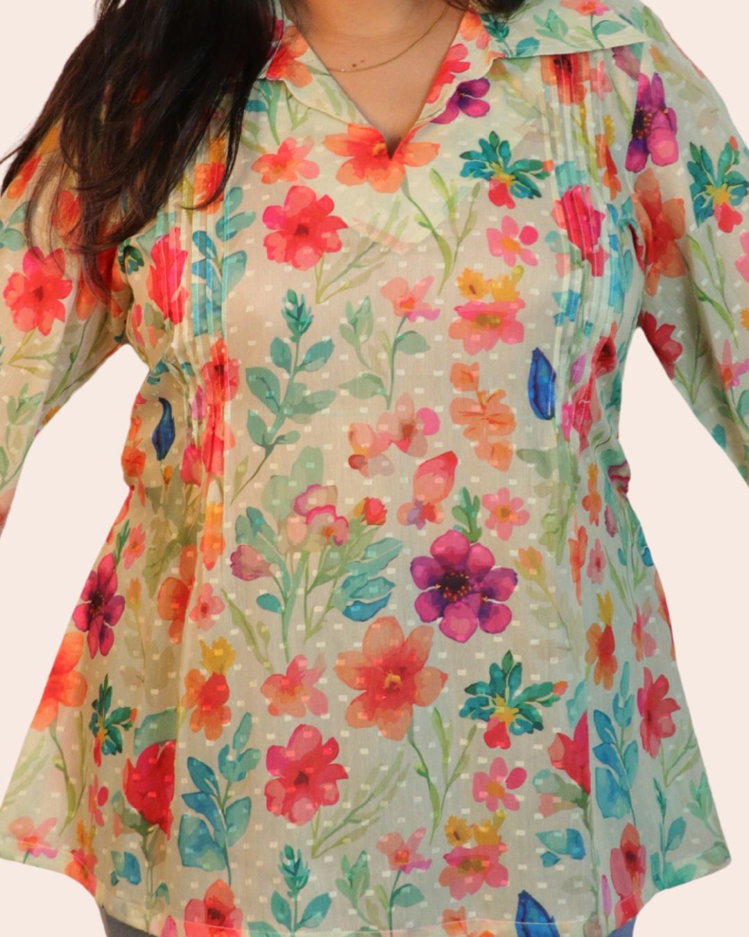 White and Red Print full Sleeve Short Kurta