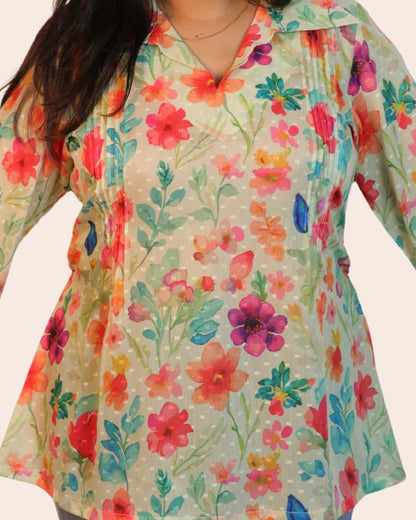 White and Red Print full Sleeve Short Kurta