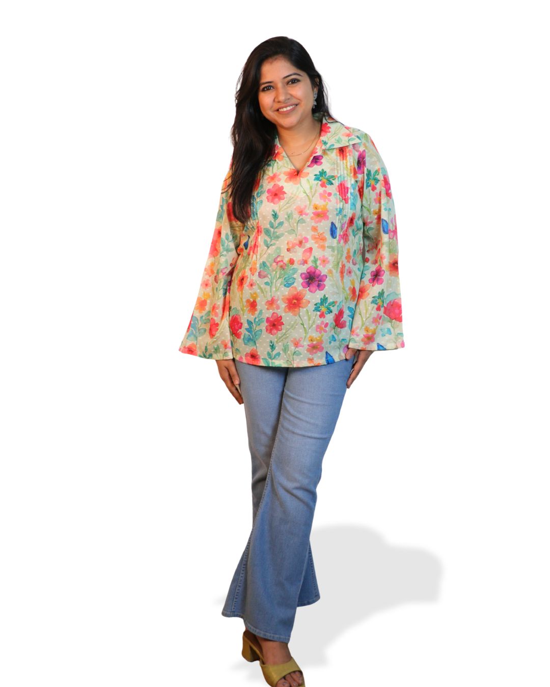 White and Red Print full Sleeve Short Kurta