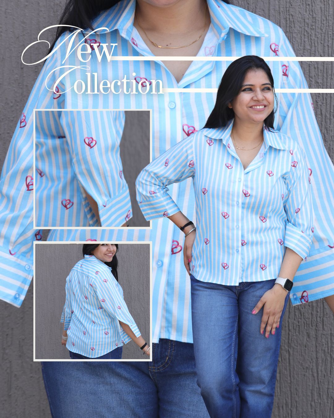 White and Blue Heart Printed Shirt 3/4