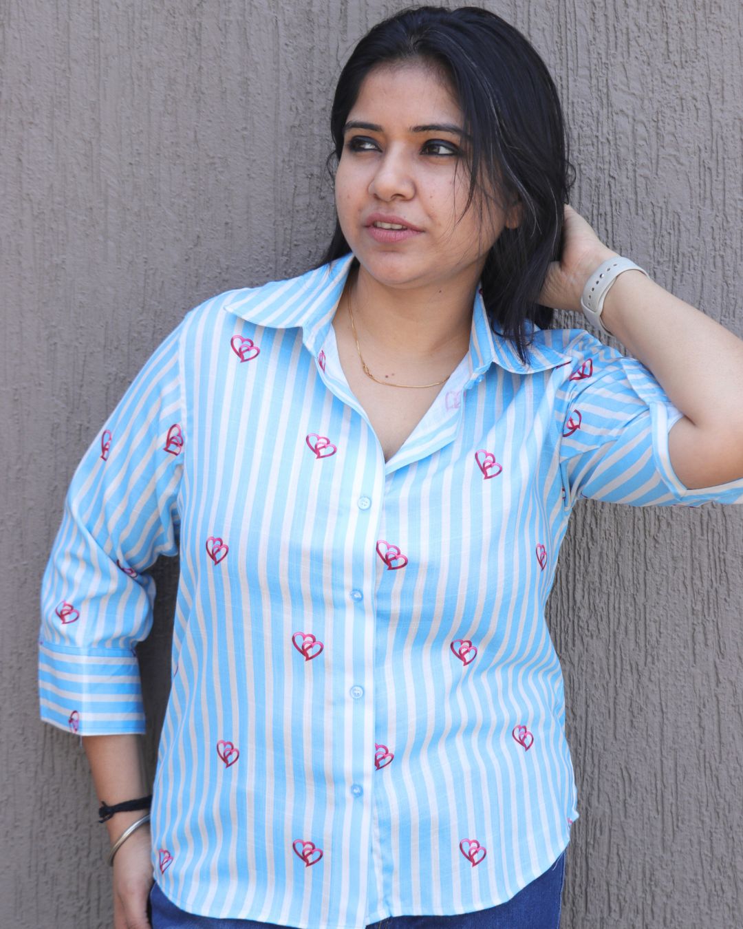 White and Blue Heart Printed Shirt 3/4