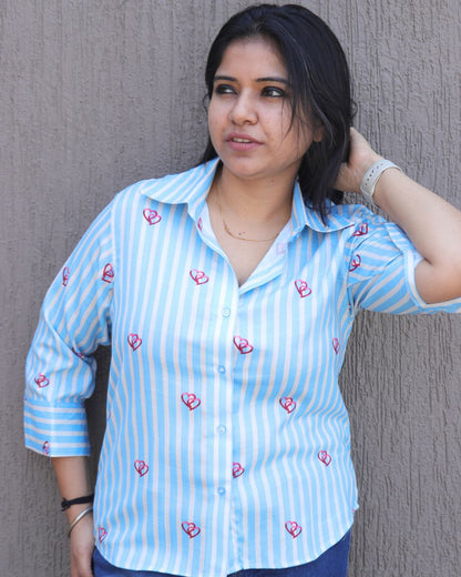 White and Blue Heart Printed Shirt 3/4