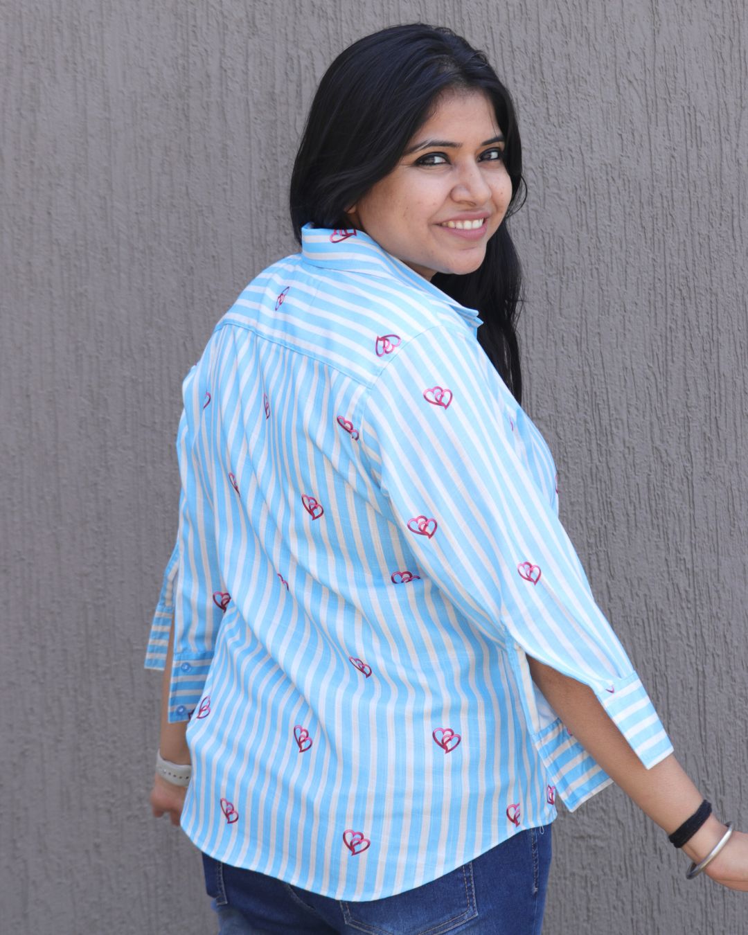 White and Blue Heart Printed Shirt 3/4