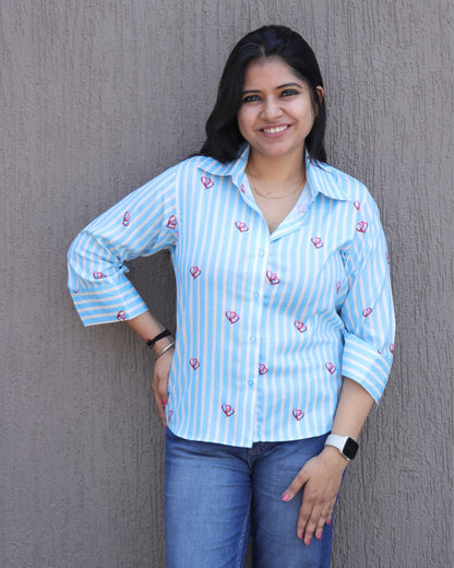 White and Blue Heart Printed Shirt 3/4