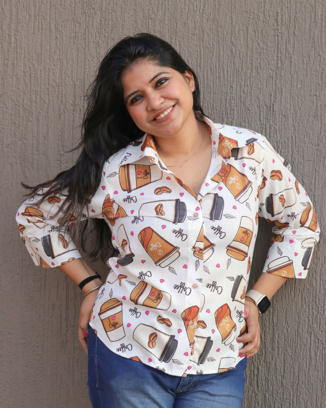 White and Beige Coffee Printed Shirt 3/4