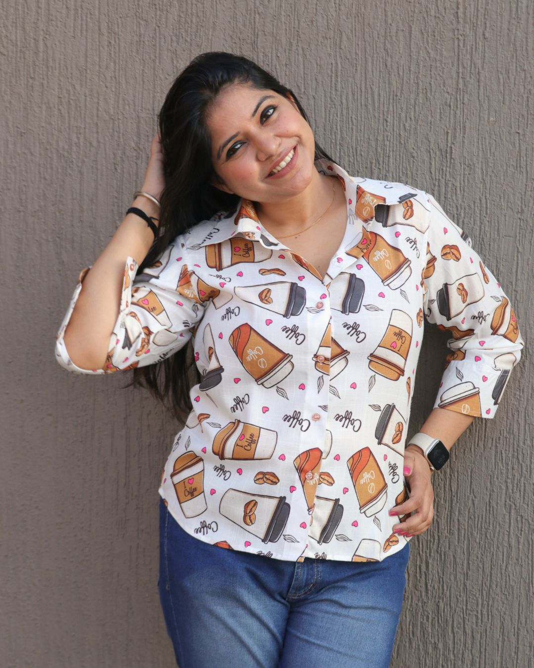 White and Beige Coffee Printed Shirt 3/4